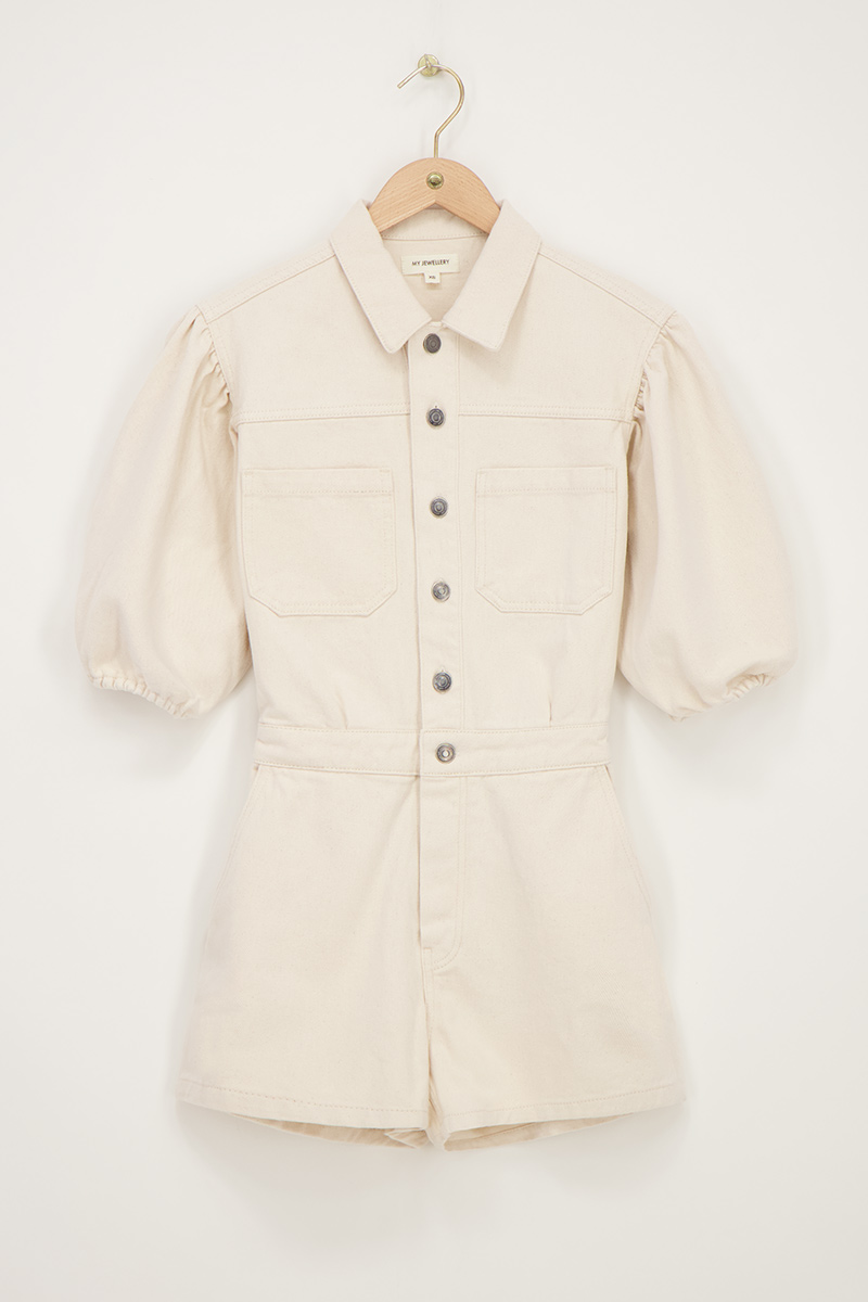 Beige denim playsuit with puff sleeves | My Jewellery