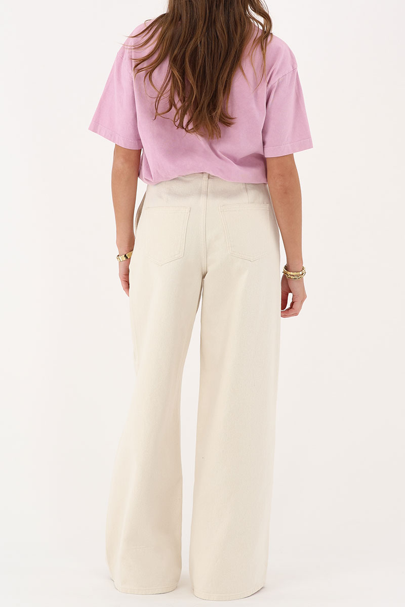 Beige denim wide leg jeans with tie cord | My Jewellery