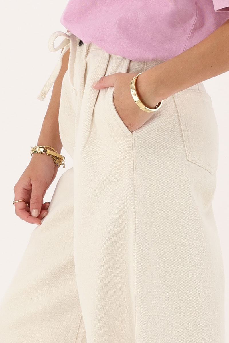 Beige denim wide leg jeans with tie cord | My Jewellery