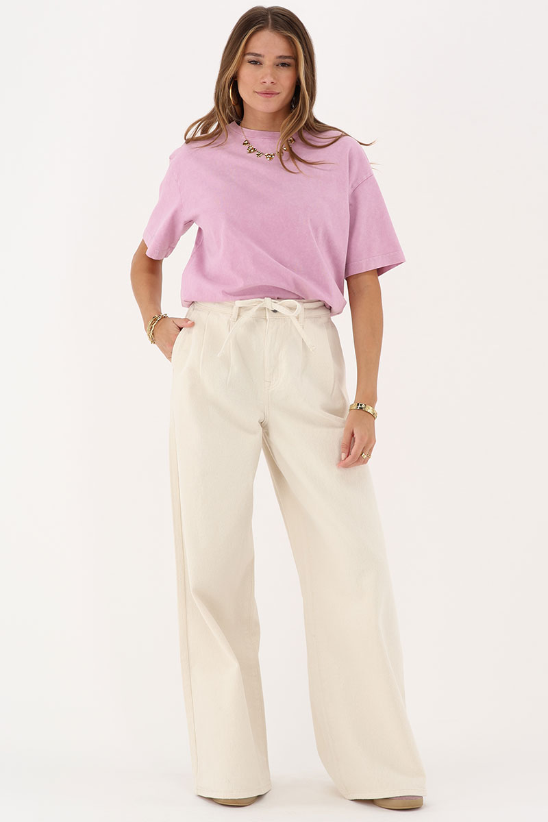 Beige denim wide leg jeans with tie cord | My Jewellery