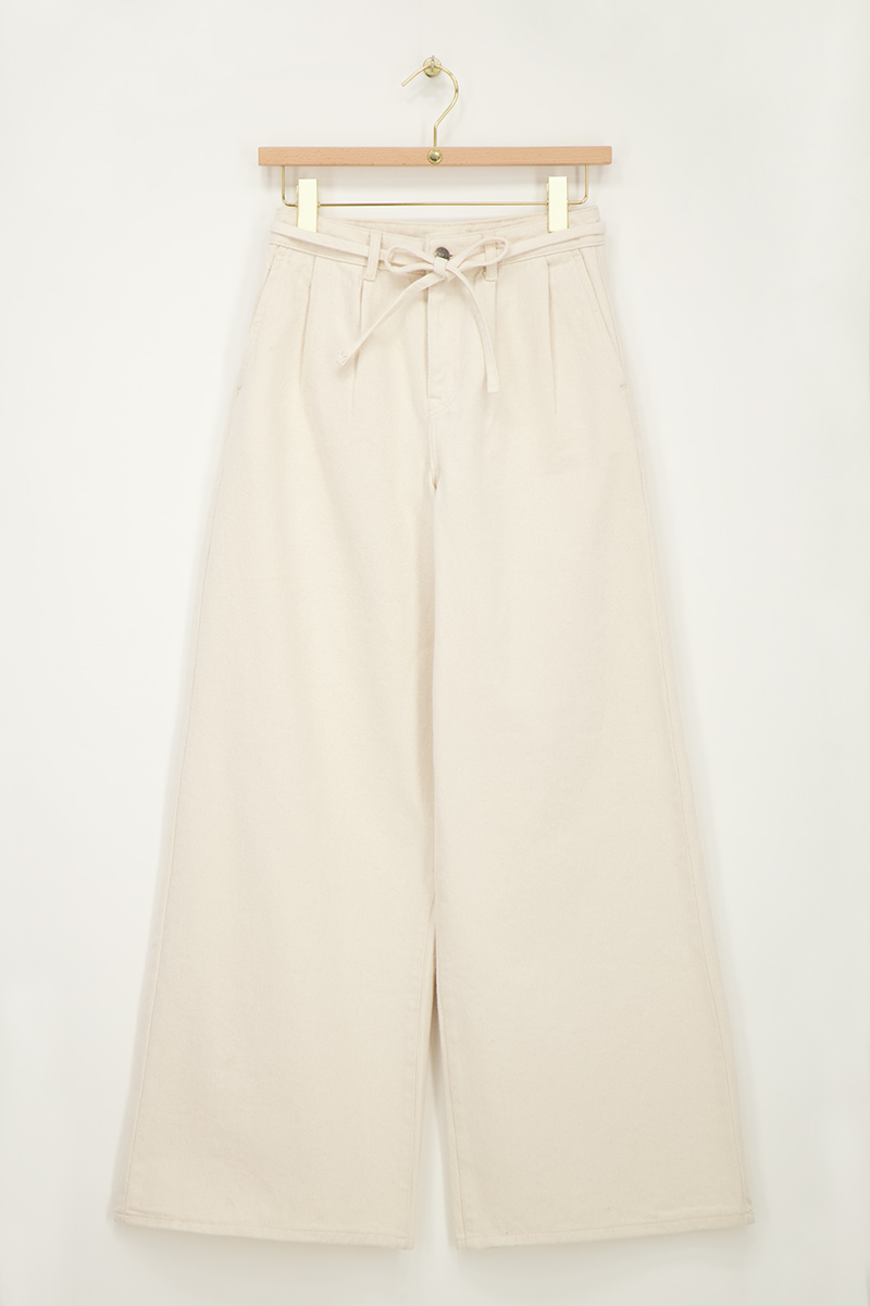 Beige denim wide leg jeans with tie cord | My Jewellery