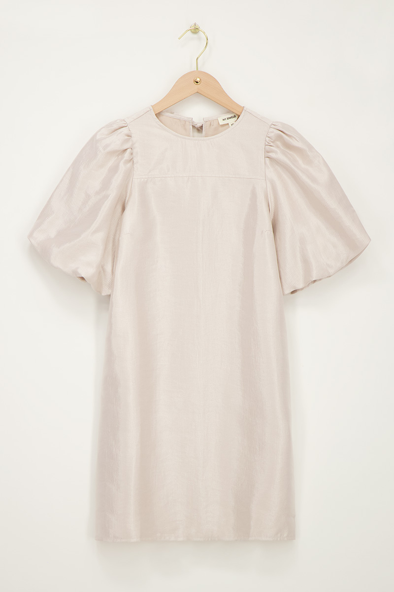 Beige dress in satin look with puff sleeves and bows | My Jewellery