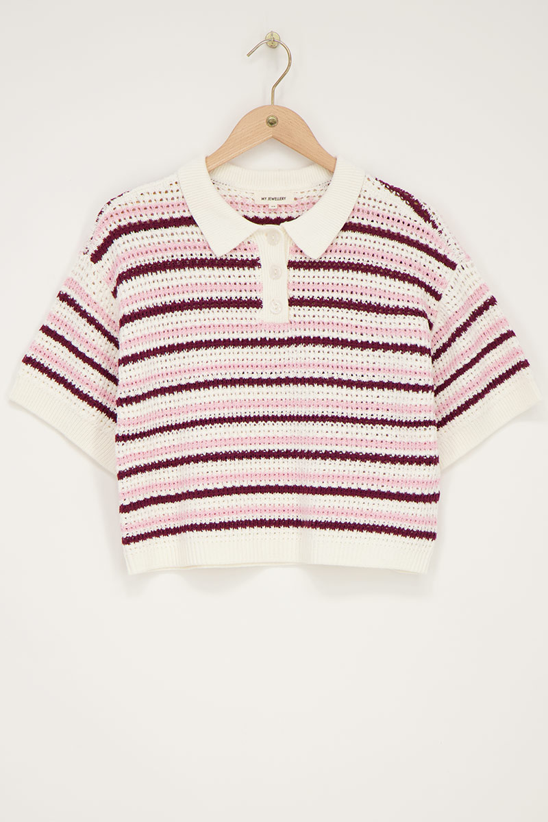 Beige knit polo shirt with stripes | My Jewellery