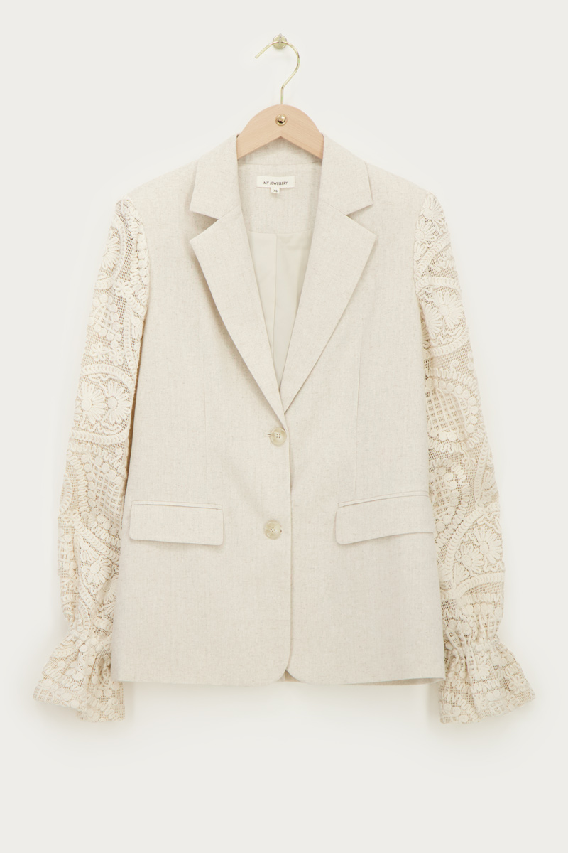 Beige linen blazer with crochet sleeves