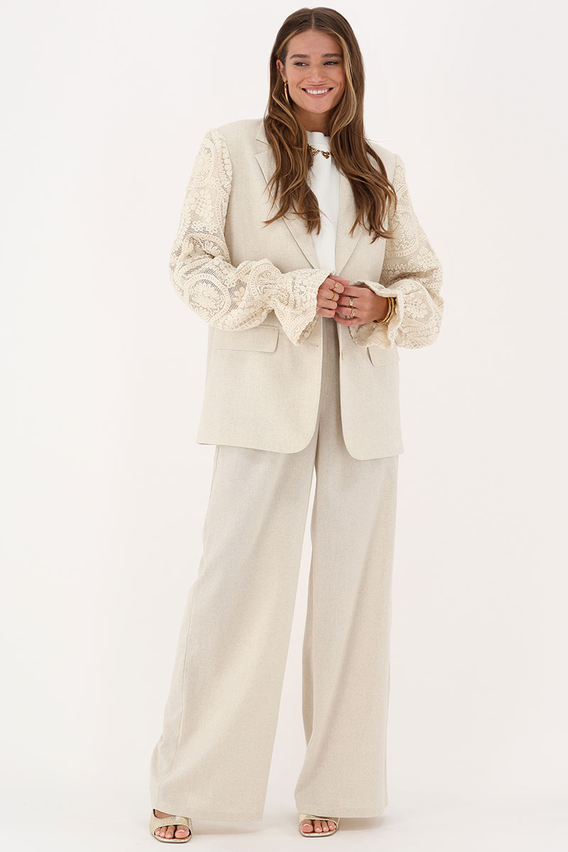 Beige linen-look blazer with crochet sleeves | My Jewellery