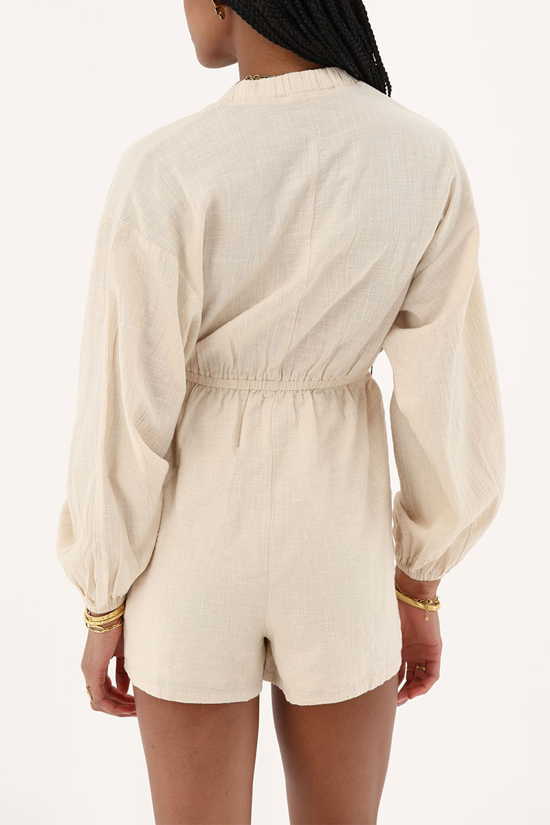 Beige linen look playsuit with v-neck | My Jewellery