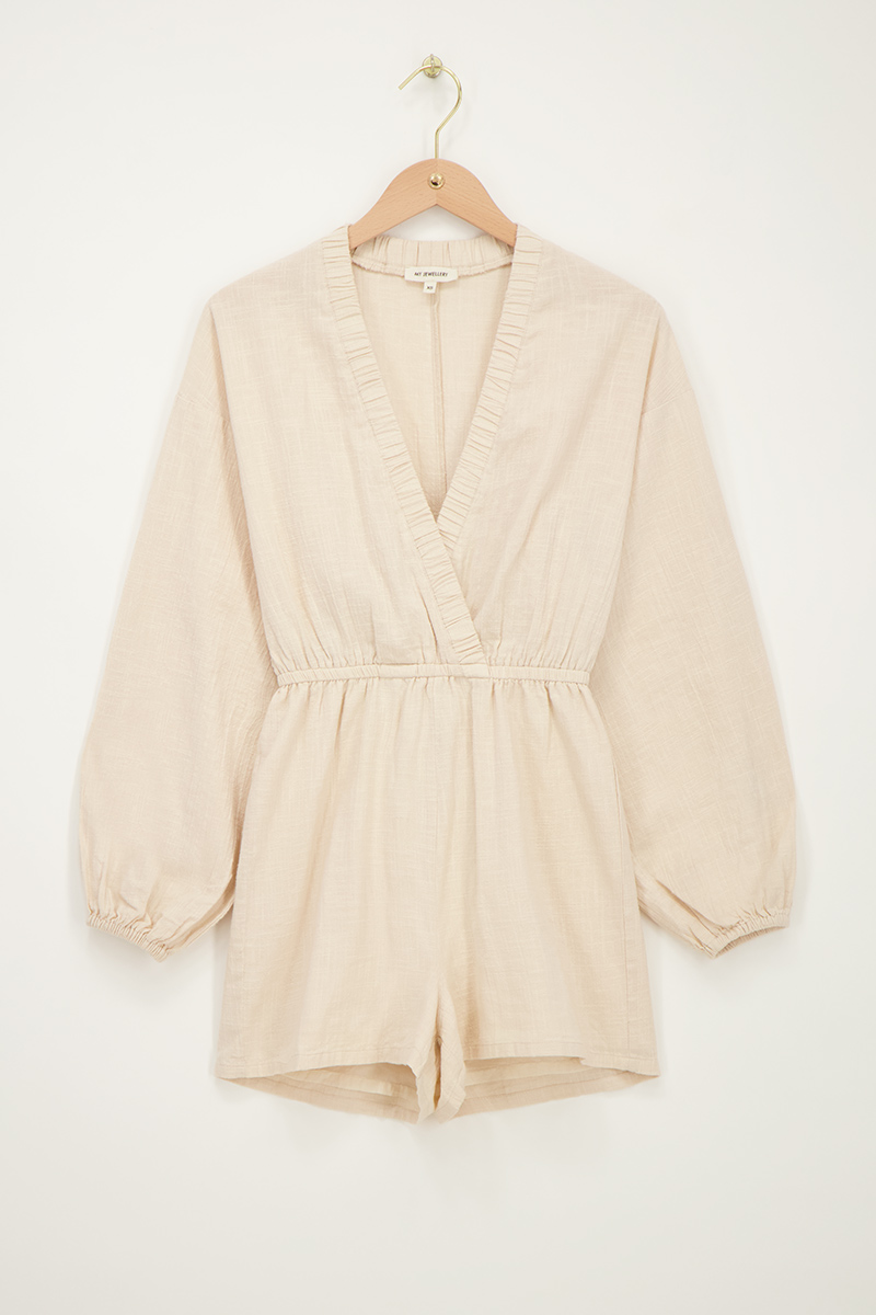 Beige linen look playsuit with v-neck | My Jewellery
