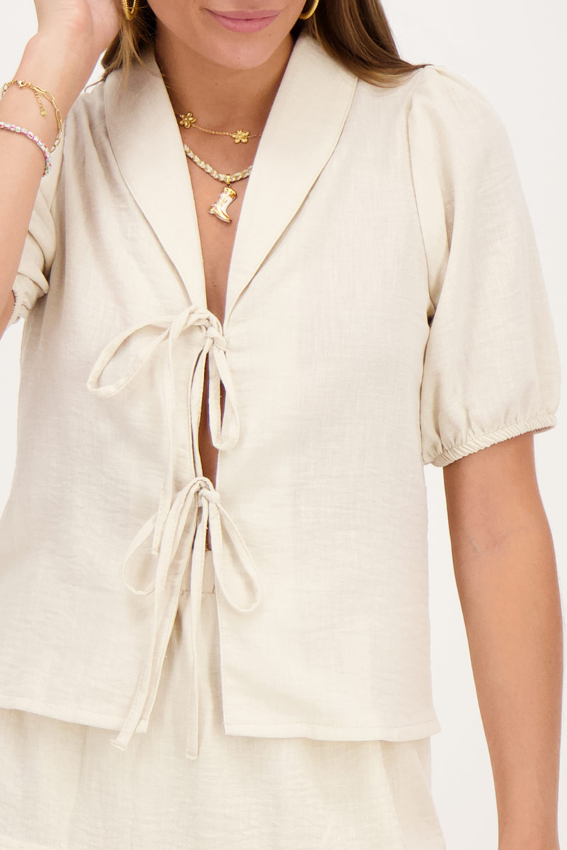 beige linen look top with bows