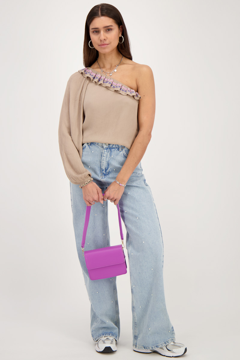 Beige one-shoulder top with multicoloured embroidery | My Jewellery