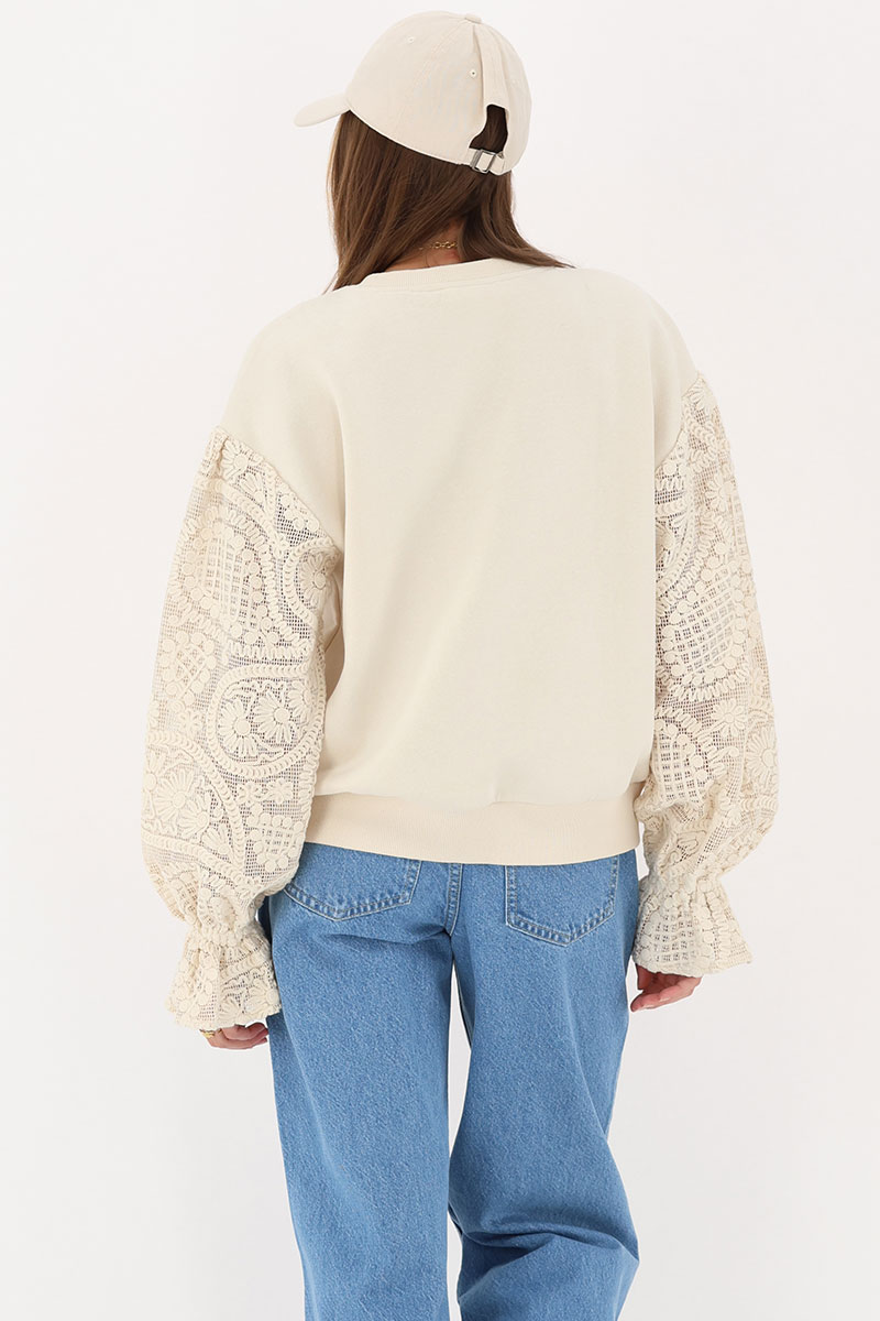 Beige sweater with crochet sleeve details | My Jewellery