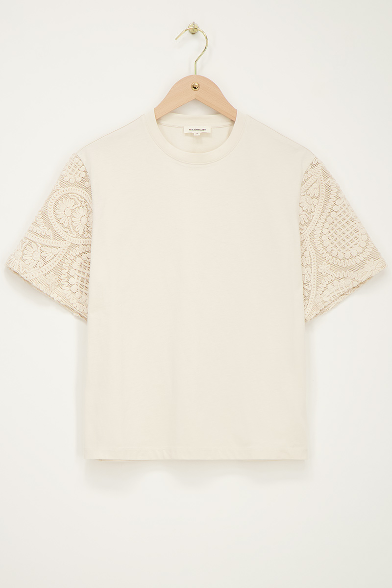Beige T-shirt with embroidery sleeves