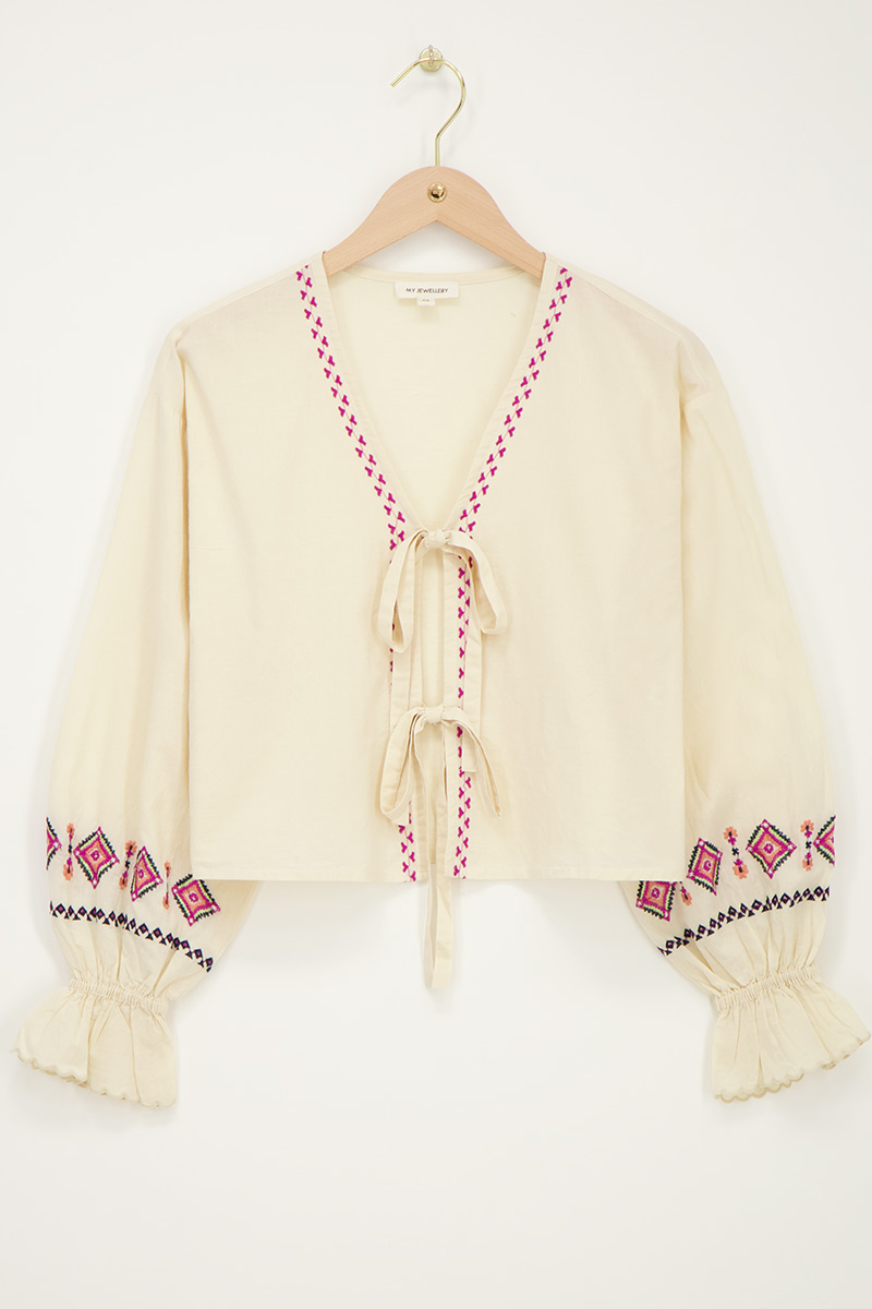 Beige top with bows & embroidery details | My Jewellery