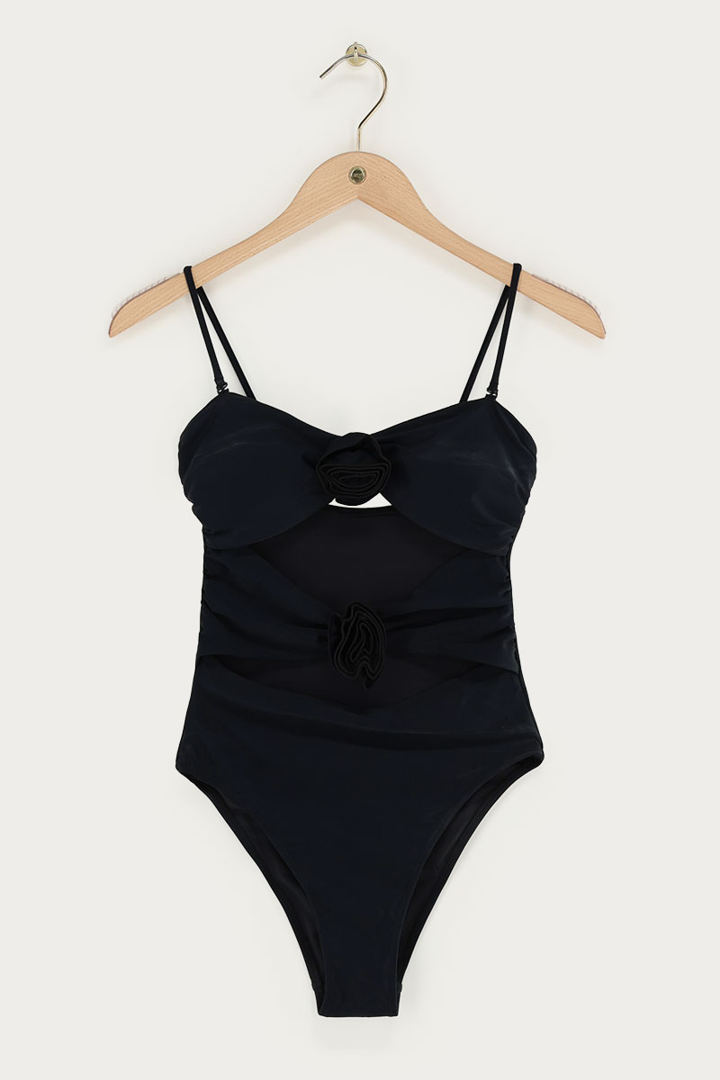 Black swimsuit with cut out and 3D flowers | My Jewellery