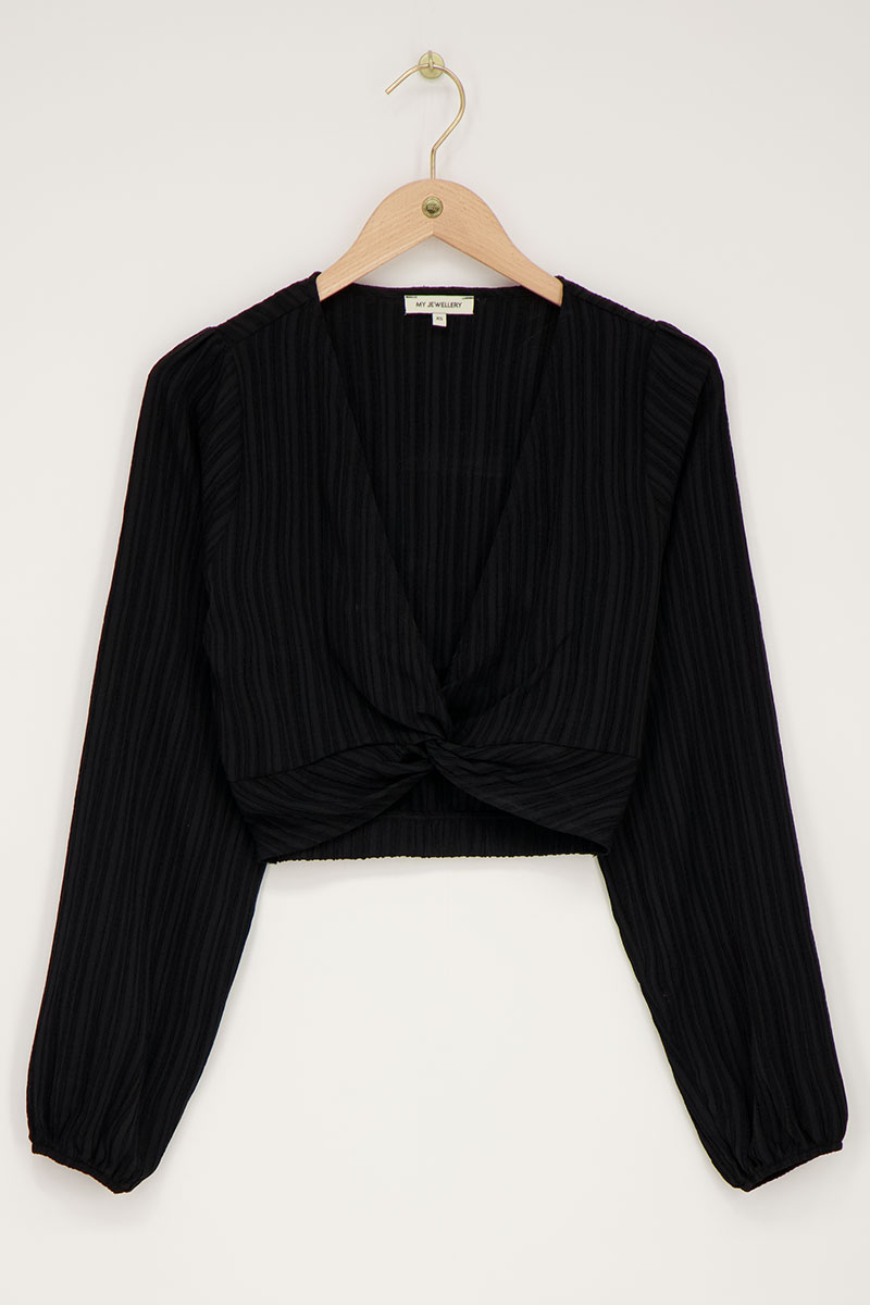 Zwarte crinkle crop top met knoopdetail | My Jewelry