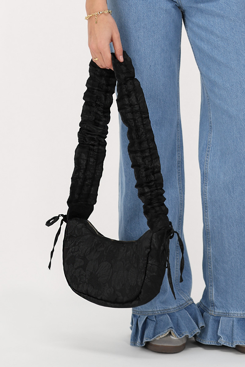 Black crossbody bag with jacquard & ruffles | My Jewellery