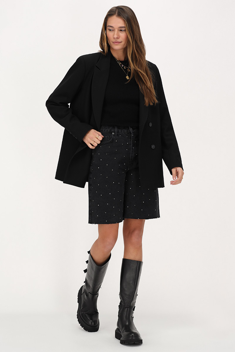 Black denim bermuda shorts with rhinestones | My Jewellery