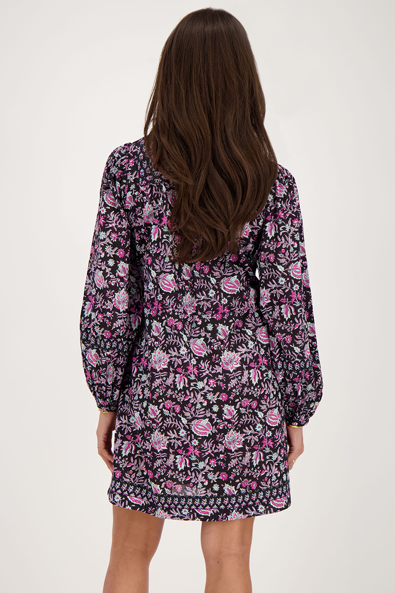 Black dress with lilac and pink flower print | My Jewellery
