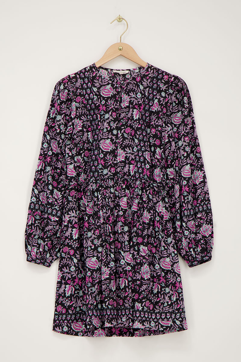 Black dress with lilac and pink flower print | My Jewellery