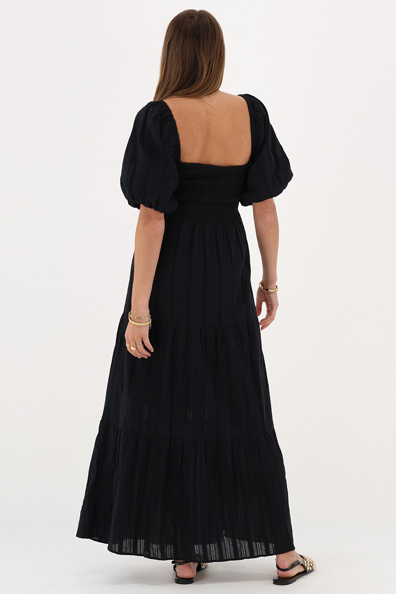 Black maxi dress with smock and puff sleeves