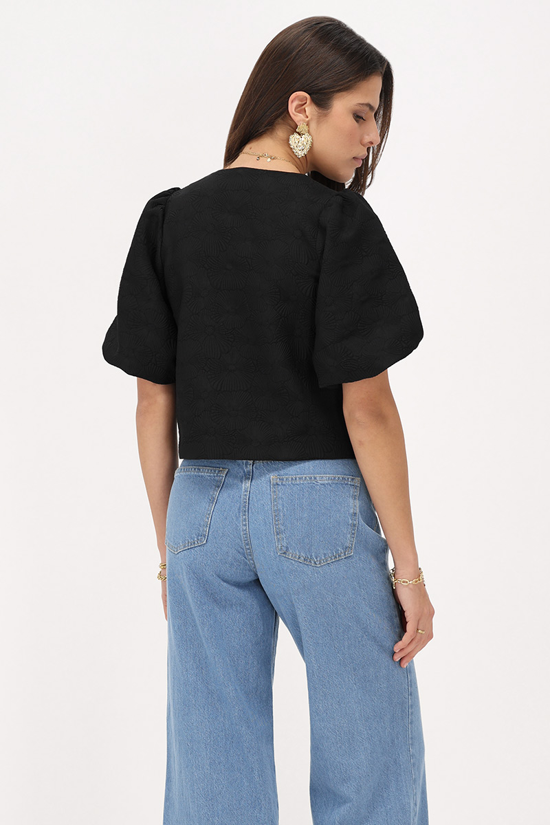 Black jacquard top with puff sleeves | My Jewellery
