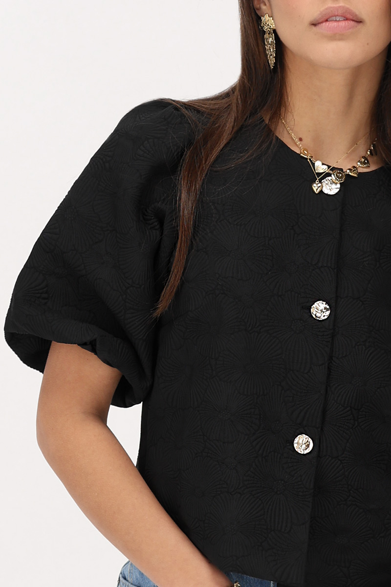 Black jacquard top with puff sleeves | My Jewellery