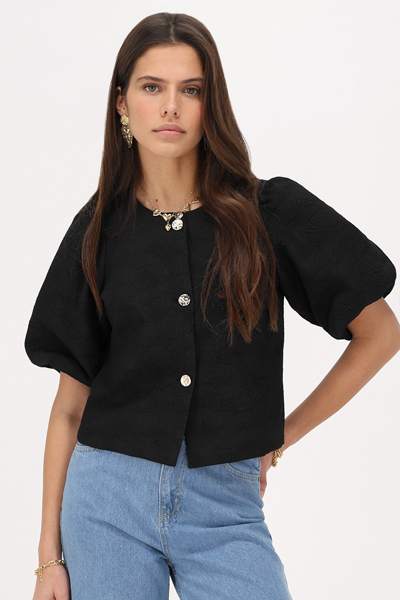 Black jacquard top with puff sleeves | My Jewellery