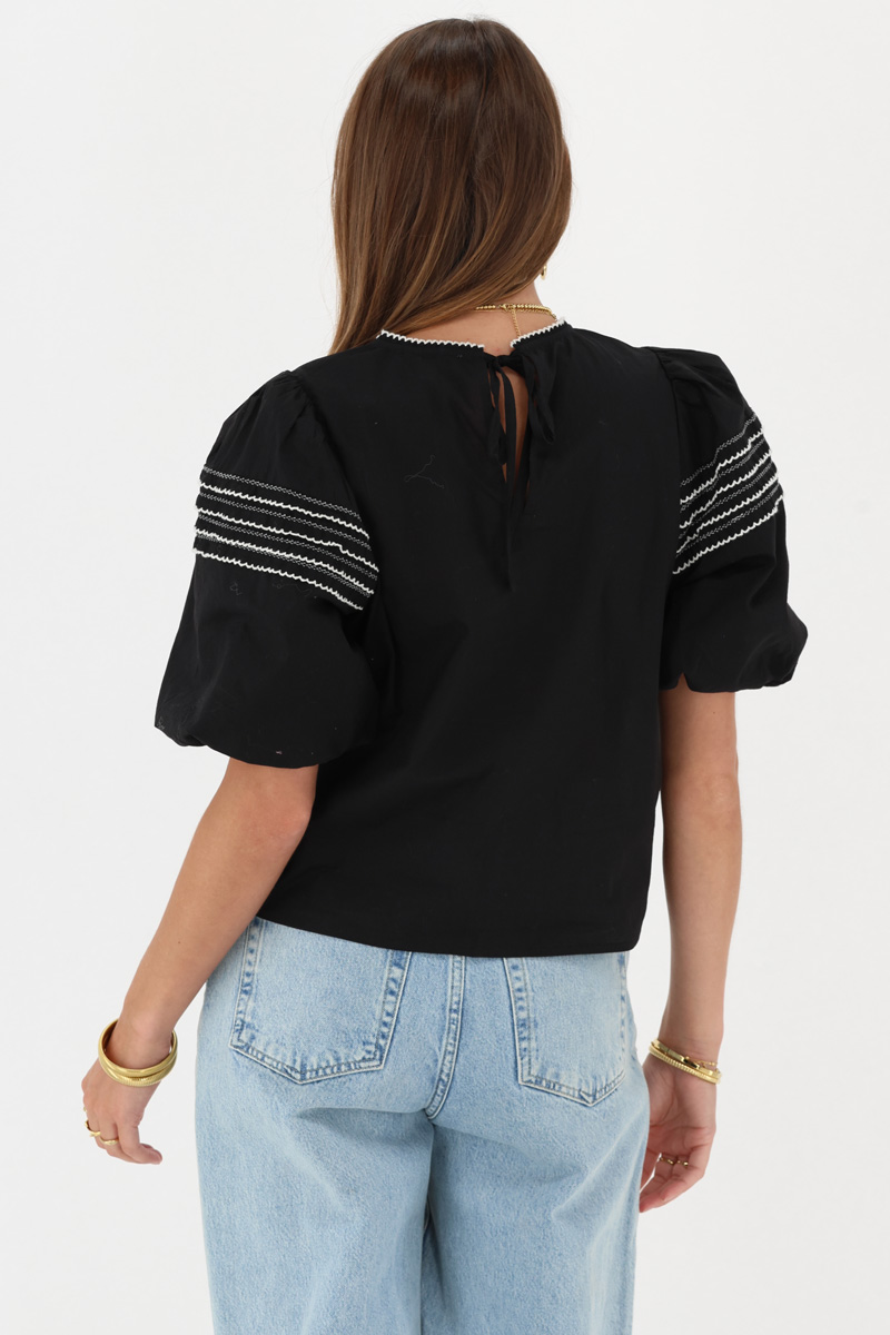 Black top with short puff sleeves & embroidery | My Jewellery