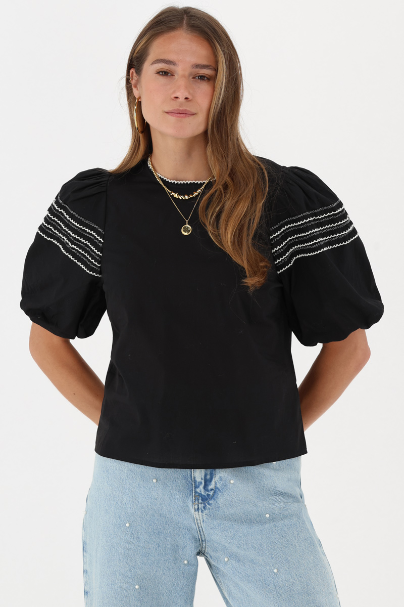 Black top with short puff sleeves & embroidery | My Jewellery