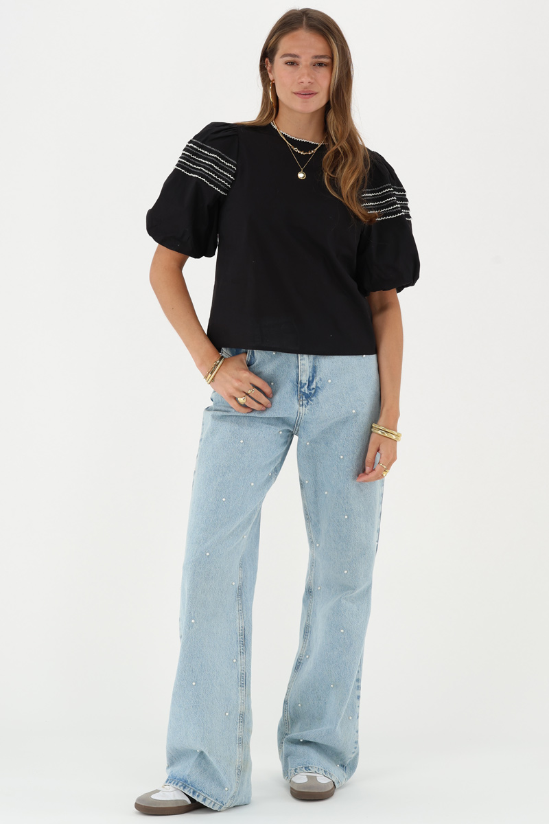 Black top with short puff sleeves & embroidery | My Jewellery