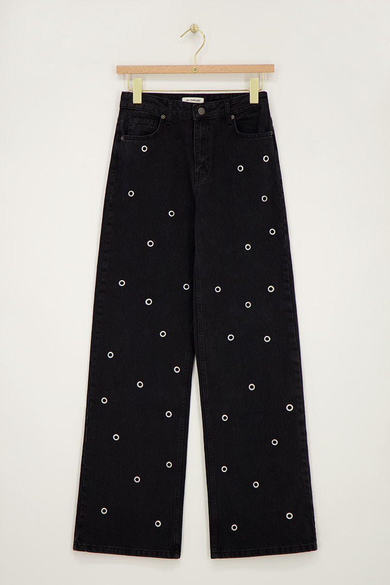 Black wide leg jeans with open studs