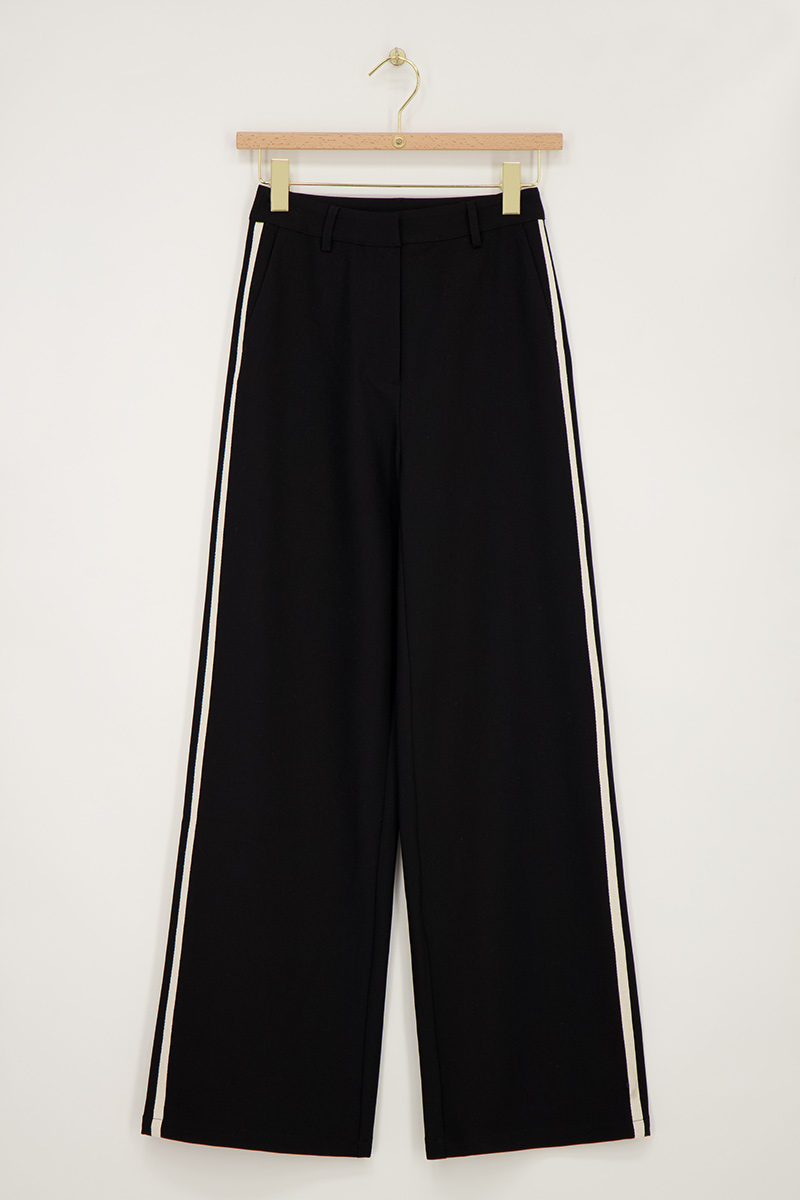 Black wide leg pants with white tape | My Jewellery