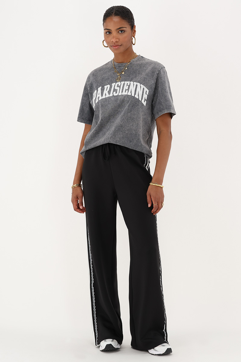 Black wide leg pants with lace tape | My Jewellery