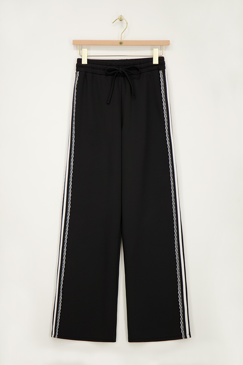 Black wide leg pants with lace tape | My Jewellery
