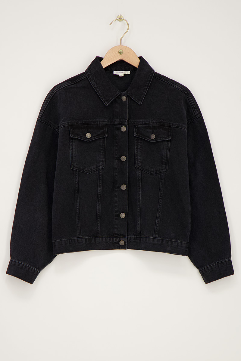 Black denim jacket with ruffles