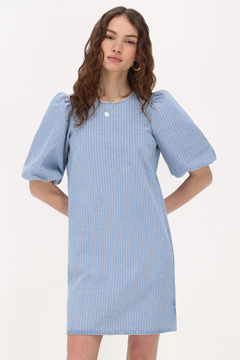Blue denim dress with stripes & puff sleeves | My Jewellery