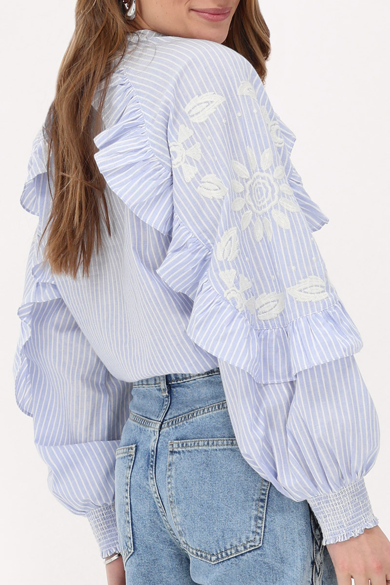 Blue pinstripe blouse with  ruffles and embroidery | My Jewellery