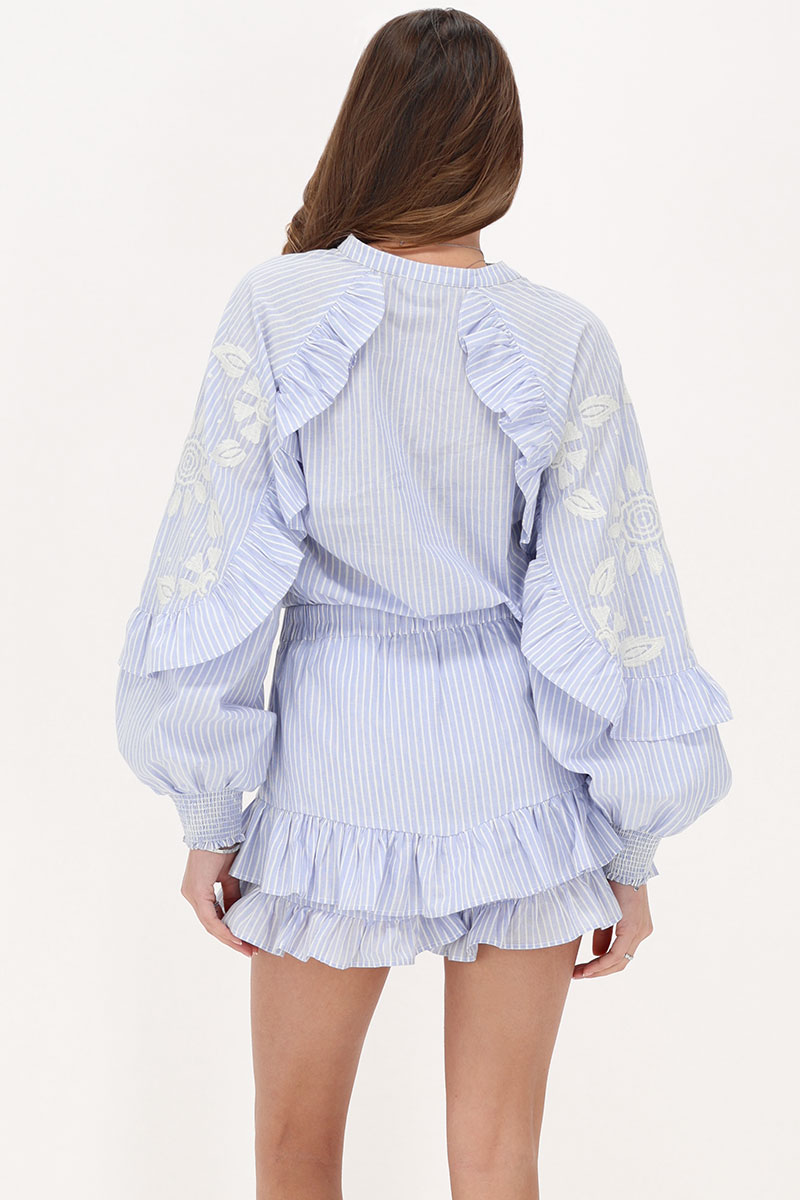 Blue pinstripe skort with  ruffles and tape | My Jewellery