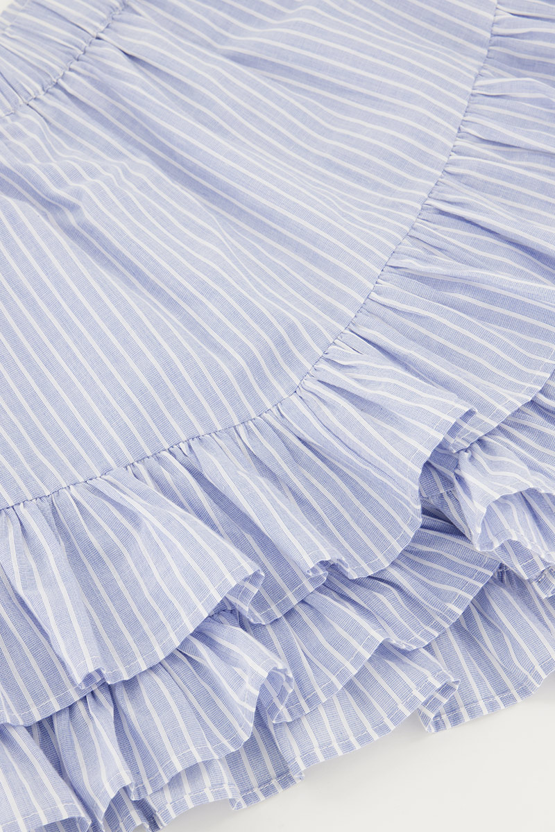 Blue pinstripe skort with ruffle and tape | My Jewellery