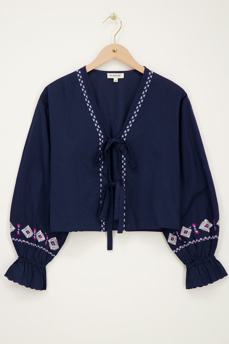 Blue top with bows & embroidery details | My Jewellery