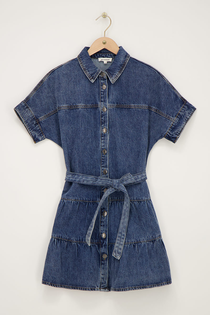Blue wide denim dress with tie cord | My Jewellery