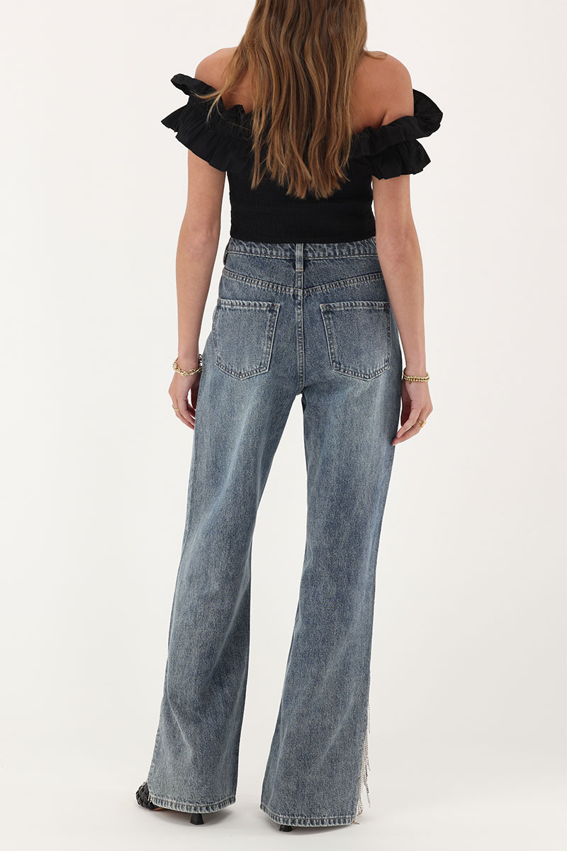 Blue wide leg jeans with rhinestone trims | My Jewellery