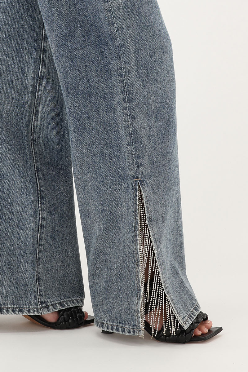 Blue wide leg jeans with rhinestone trims | My Jewellery