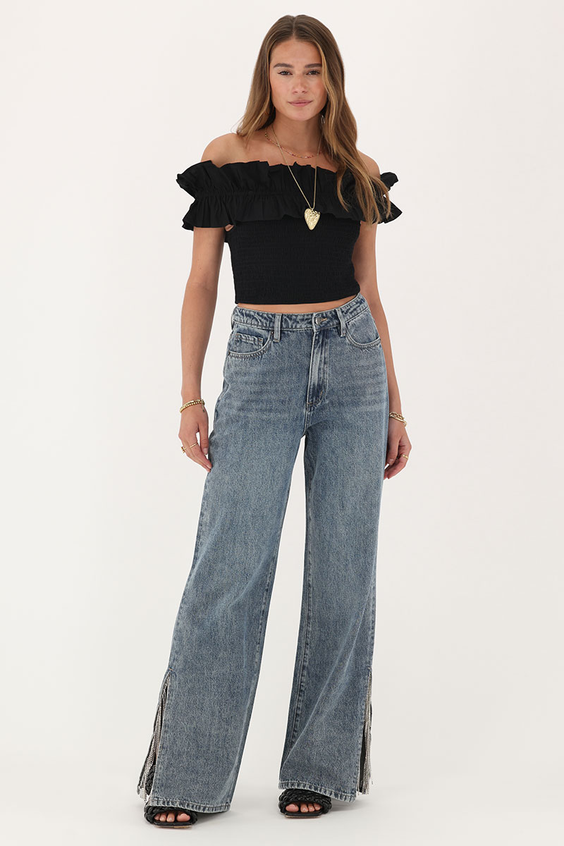 Blue wide leg jeans with rhinestone trims | My Jewellery