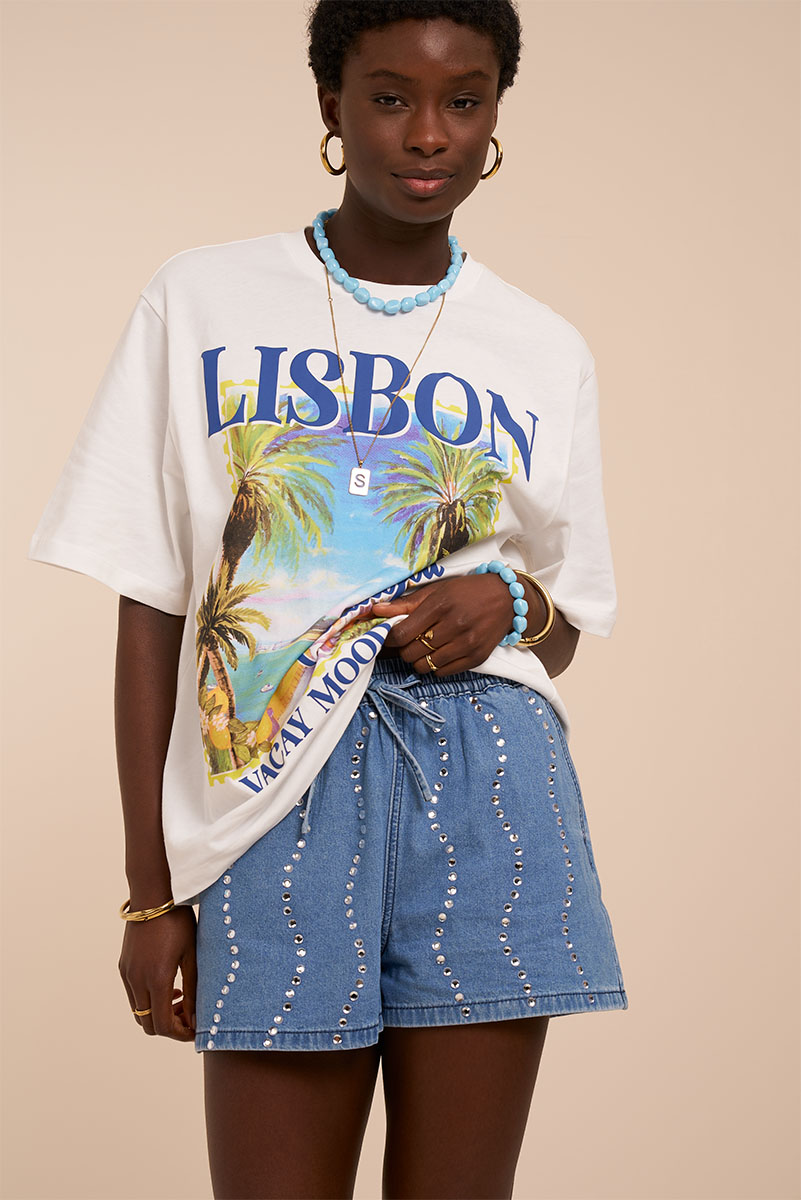 Blue shorts with rhinestone wave detail | My Jewellery