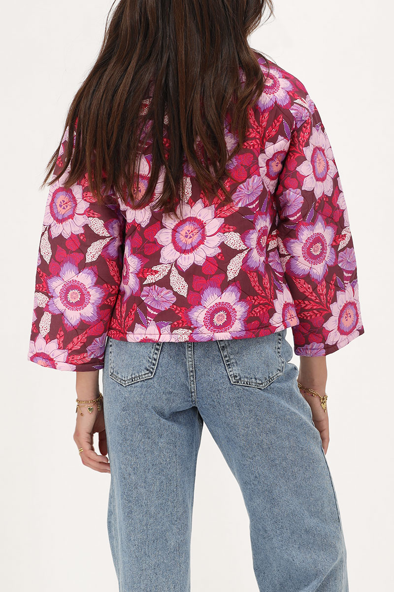 Brown padded jacket with bows and pink floral print | My Jewellery