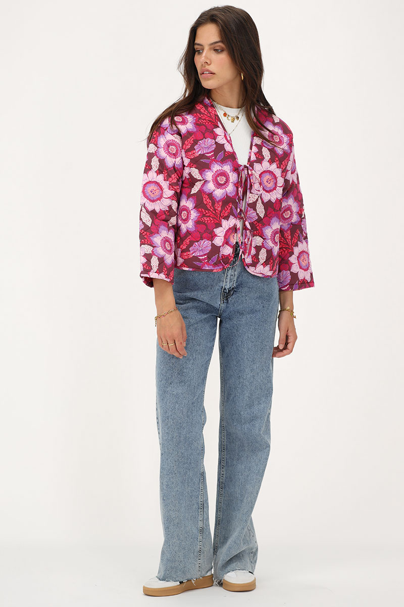 Brown padded jacket with bows and pink floral print | My Jewellery