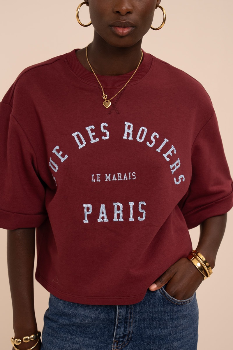 Burgundy sweater with short sleeves 'Rue des rosiers Paris' | My Jewellery