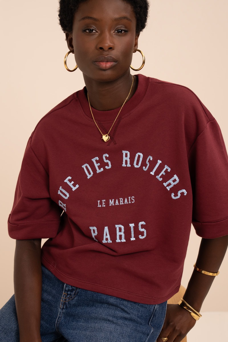 Burgundy sweater with short sleeves 'Rue des rosiers Paris' | My Jewellery