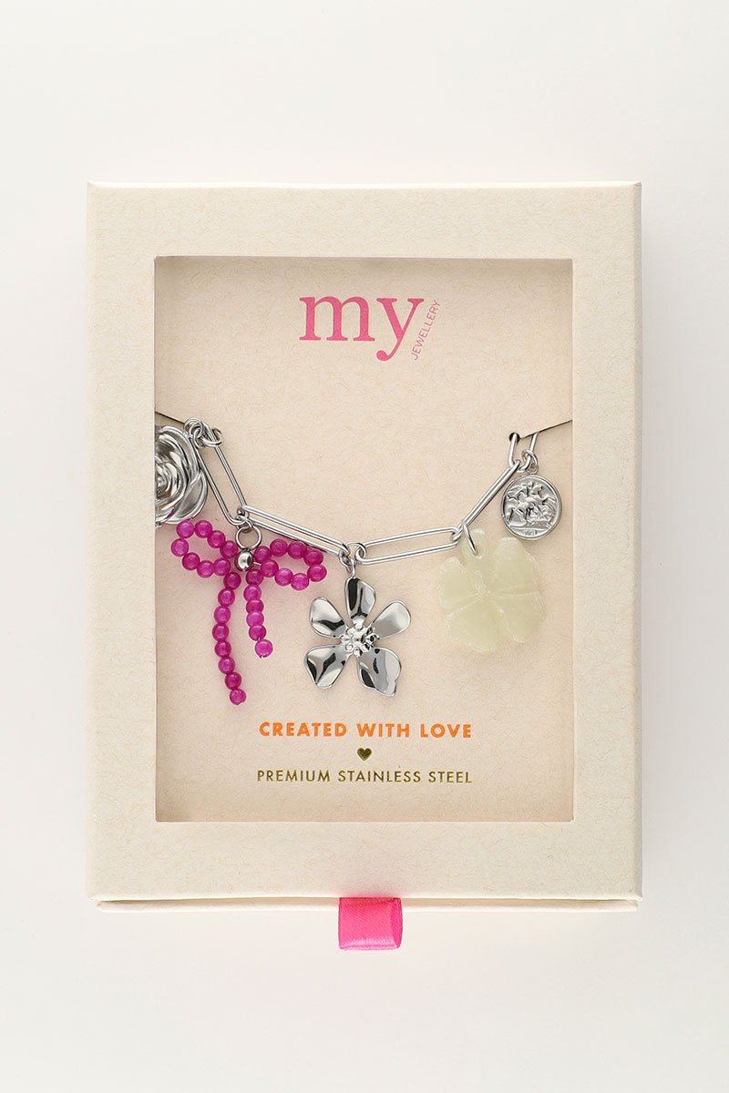Charm bracelet with link and multicolor flower charms