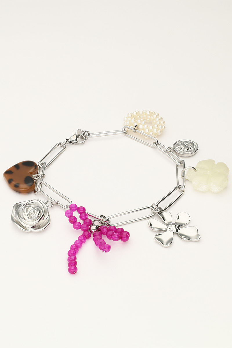 Charm bracelet with link and multicolor flower charms